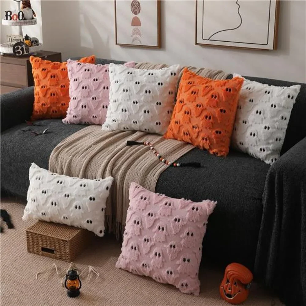 Set of 2 Halloween Ghost Pillow Covers - 18x18 Inch Soft Plush‎ Faux Fur Cushion